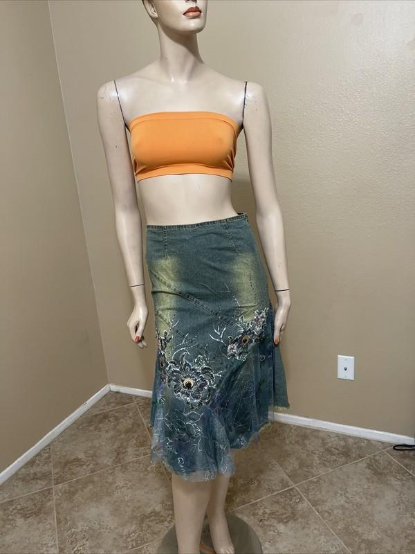 Women’s Aquamarine Denim Cotton Boho Beads Lace Stretch Size S(4-6) Skirt 3256