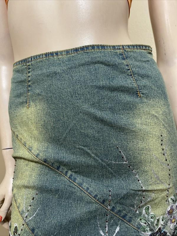 Women’s Aquamarine Denim Cotton Boho Beads Lace Stretch Size S(4-6) Skirt 3256