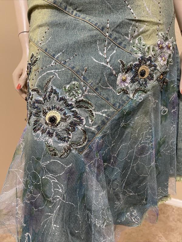 Women’s Aquamarine Denim Cotton Boho Beads Lace Stretch Size S(4-6) Skirt 3256