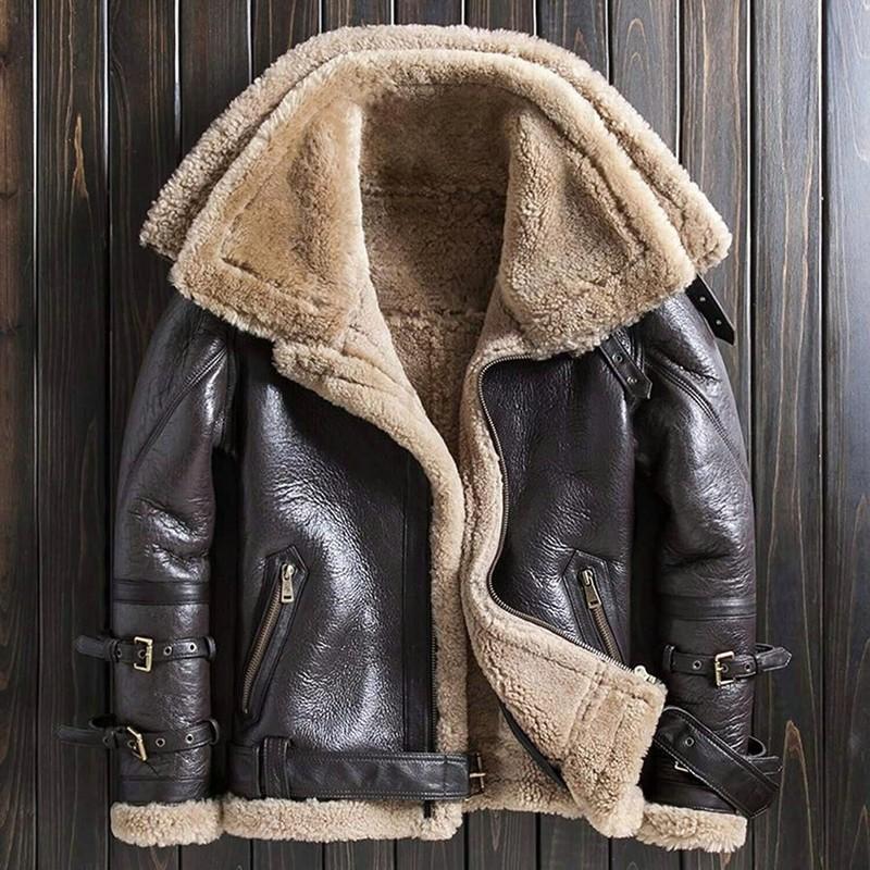 Women's Aviator RAF Bomber Flying Leather Jacket Double Collar Shearling Coat N9