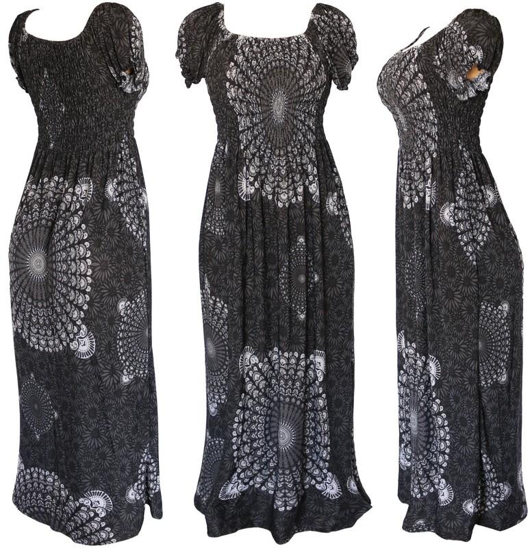 Women's Aztec Circles Bohemian Smocked Summer Sundress Long Dress