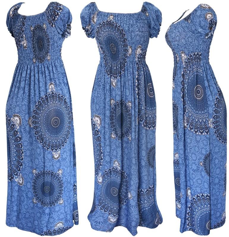 Women's Aztec Circles Bohemian Smocked Summer Sundress Long Dress