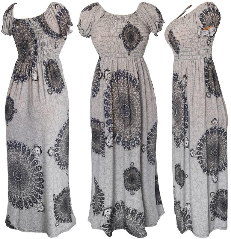 Women's Aztec Circles Bohemian Smocked Summer Sundress Long Dress