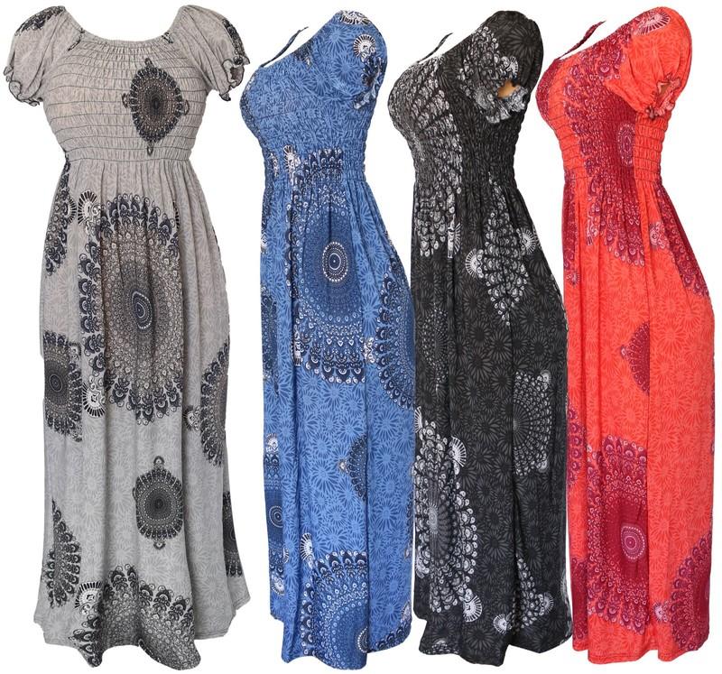 Women's Aztec Circles Bohemian Smocked Summer Sundress Long Dress