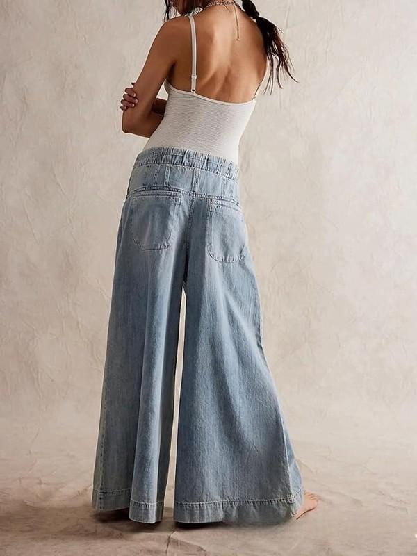 Women's Baggy Wide Leg Denim Pants Drawstring Midi Waisted Flare Jeans Ruffle