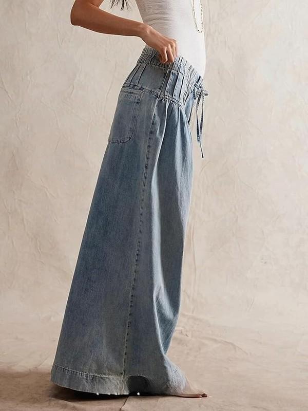 Women's Baggy Wide Leg Denim Pants Drawstring Midi Waisted Flare Jeans Ruffle