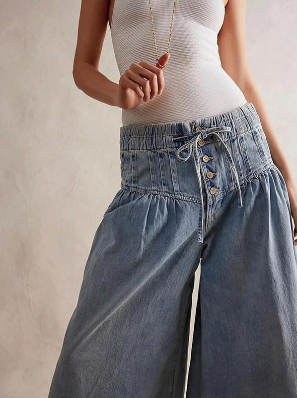 Women's Baggy Wide Leg Denim Pants Drawstring Midi Waisted Flare Jeans Ruffle