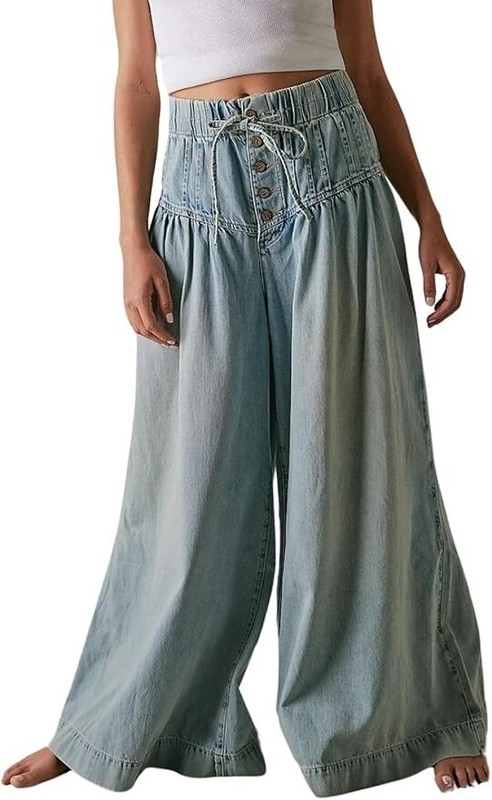 Women's Baggy Wide Leg Denim Pants Drawstring Midi Waisted Flare Jeans Ruffle