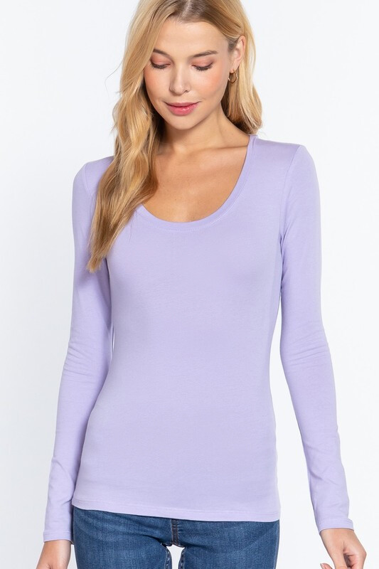Women's Basic T-Shirt Scoop Neck Cotton Long Sleeve Solid Knit Plain Top Fitted
