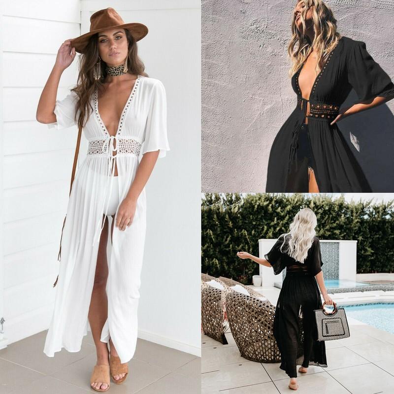 Women's Bathing Suit Cover Up Lace Boho Beach Maxi Summer Bikini Sundress Dress