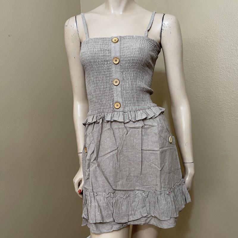 Women’s Beige Cotton Linen Casual Open Stretch Wooden Buttons Size M Sundress