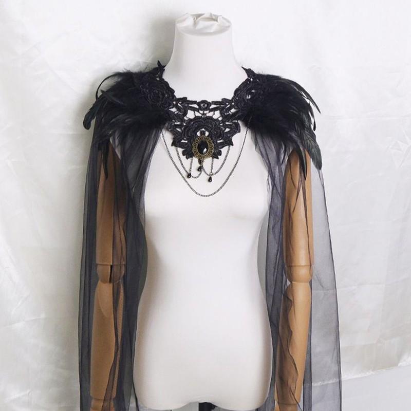 Women's Black Feather Collar Cape Halloween Gothic Witch Cloak Evil Queen Costum