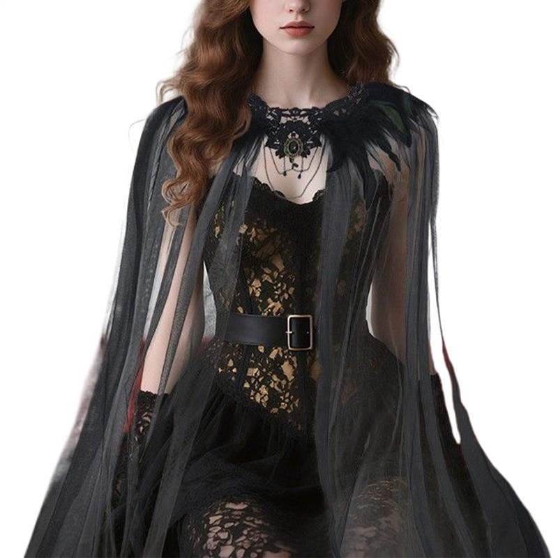 Women's Black Feather Collar Cape Halloween Gothic Witch Cloak Evil Queen Costum