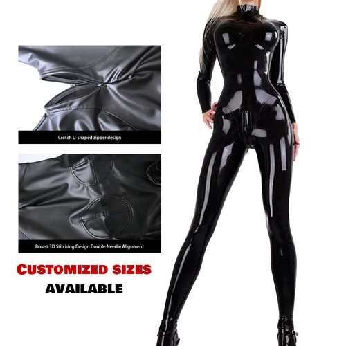 Women’s Black Latex Ammonia Shiny Bodysuit Catsuit Zipper 3D Chest Sexy Fit