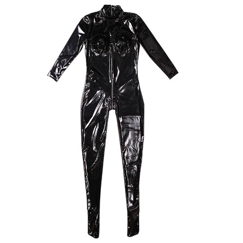 Women’s Black Latex Ammonia Shiny Bodysuit Catsuit Zipper 3D Chest Sexy Fit