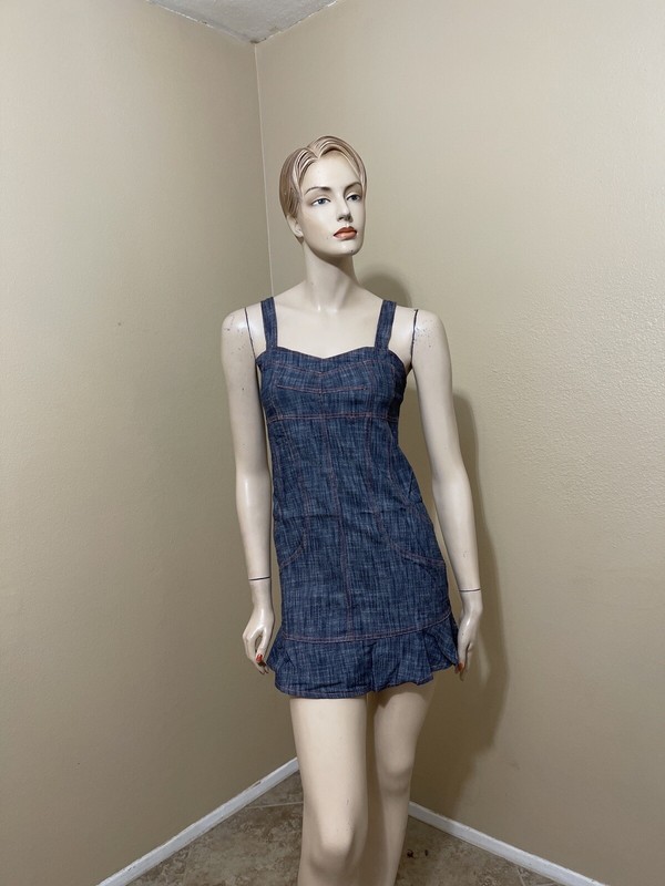 Women’s Blue Denim Cotton Casual Open Strap Zip Stretch Size M Dress Sundress