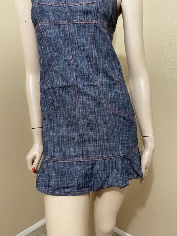 Women’s Blue Denim Cotton Casual Open Strap Zip Stretch Size M Dress Sundress