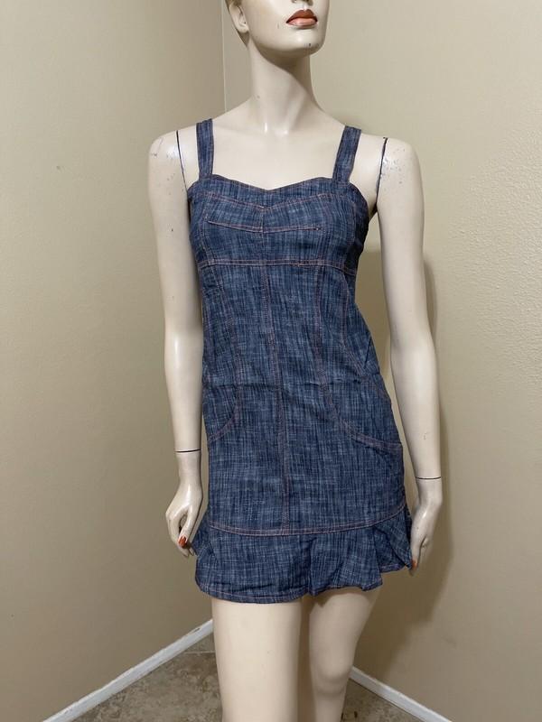 Women’s Blue Denim Cotton Casual Open Strap Zip Stretch Size M Dress Sundress