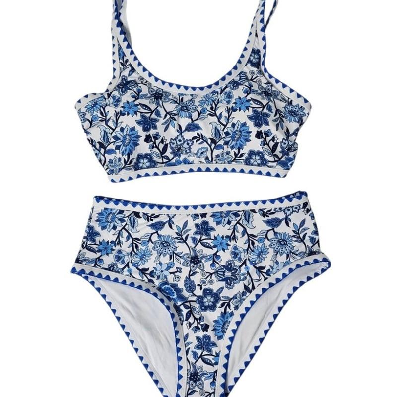 Women's Blue Floral Print Scoop Neck High Waisted Modest Bikini Set Size M NWOT