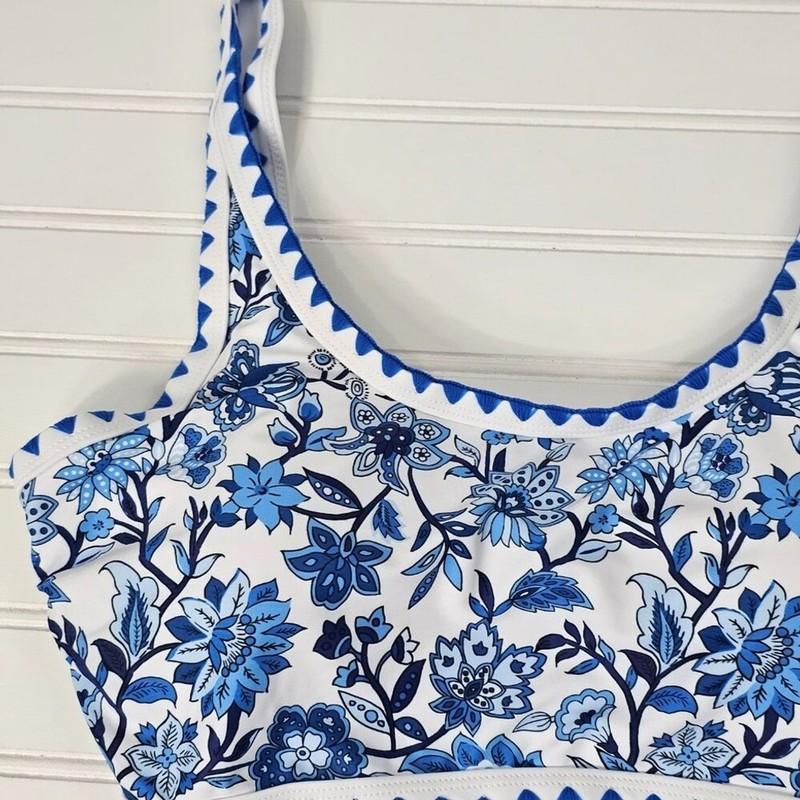 Women's Blue Floral Print Scoop Neck High Waisted Modest Bikini Set Size M NWOT