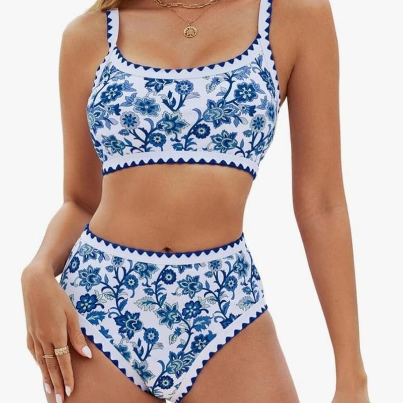 Women's Blue Floral Print Scoop Neck High Waisted Modest Bikini Set Size M NWOT
