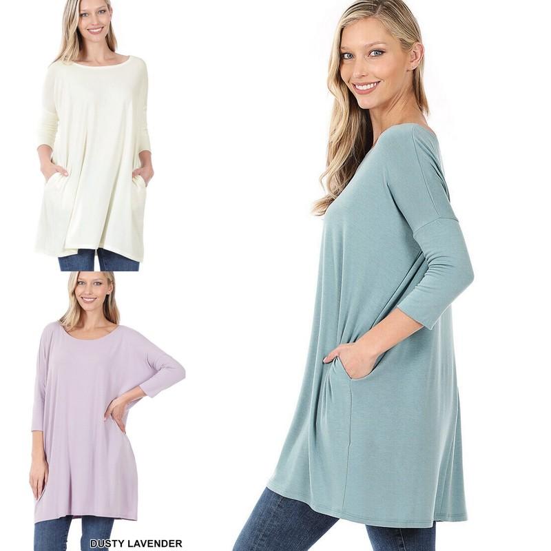 Women's Boat Neck 3/4 Dolman Sleeve Top Side Loose Fit Tunic W/ Side Pockets