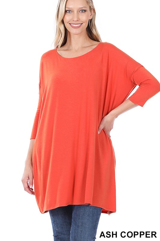 Women's Boat Neck 3/4 Dolman Sleeve Top Side Loose Fit Tunic W/ Side Pockets
