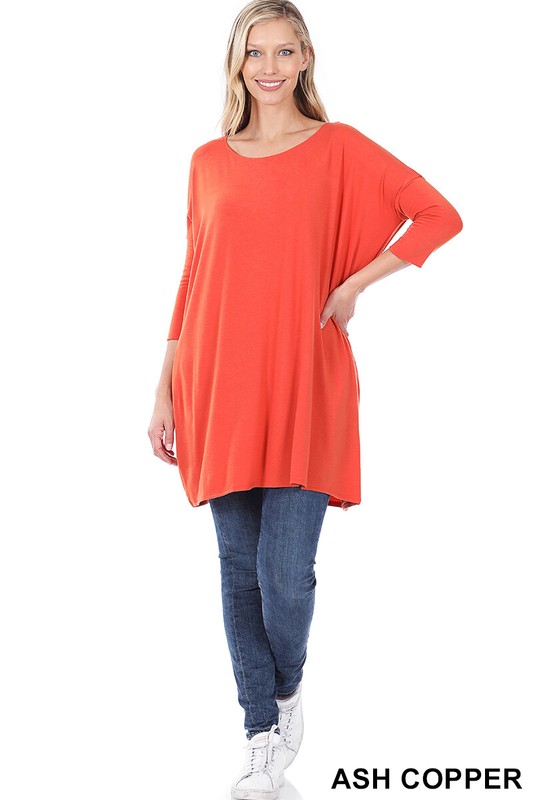 Women's Boat Neck 3/4 Dolman Sleeve Top Side Loose Fit Tunic W/ Side Pockets