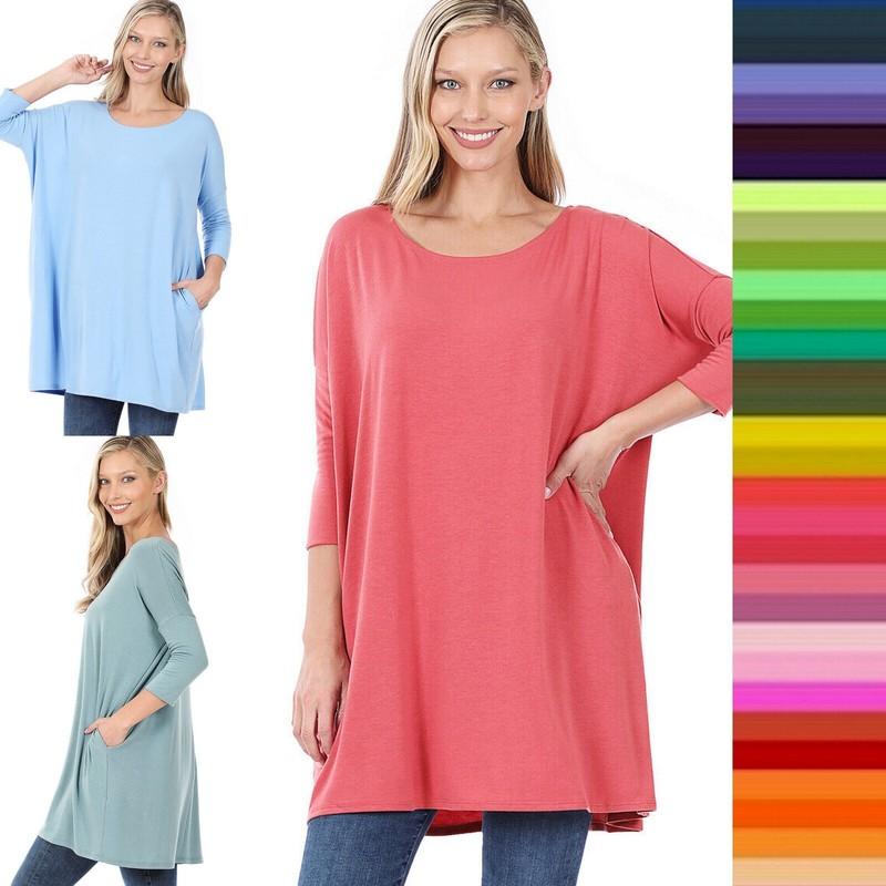 Women's Boat Neck 3/4 Dolman Sleeve Top Side Loose Fit Tunic w/ Side Pockets