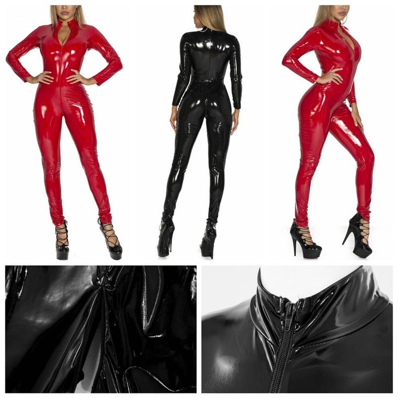 Women's Bodycon Jumpsuit PVC Leather Wetlook Long Sleeve Zipper Catsuit Bodysuit