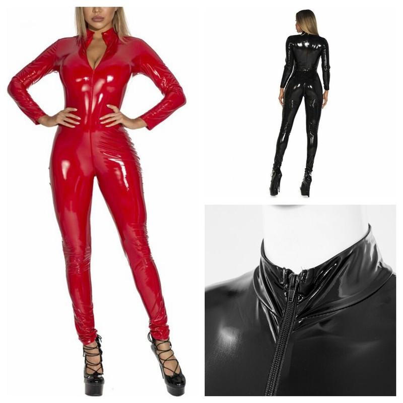 Women's Bodycon Jumpsuit PVC Leather Wetlook Long Sleeve Zipper Catsuit Bodysuit