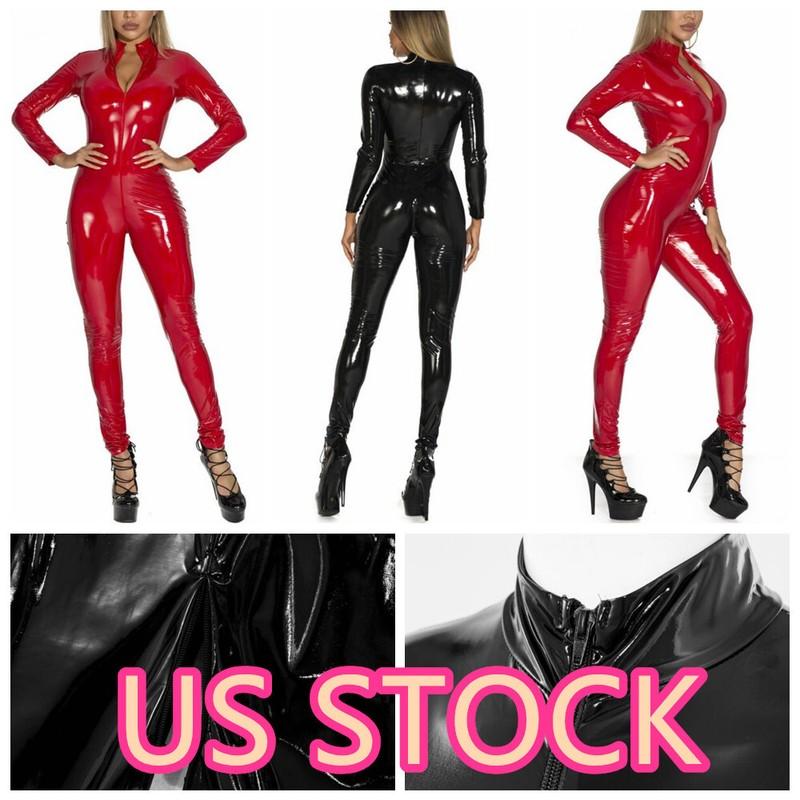 Women's Bodycon Jumpsuit PVC Leather Wetlook Long Sleeve Zipper Catsuit Bodysuit