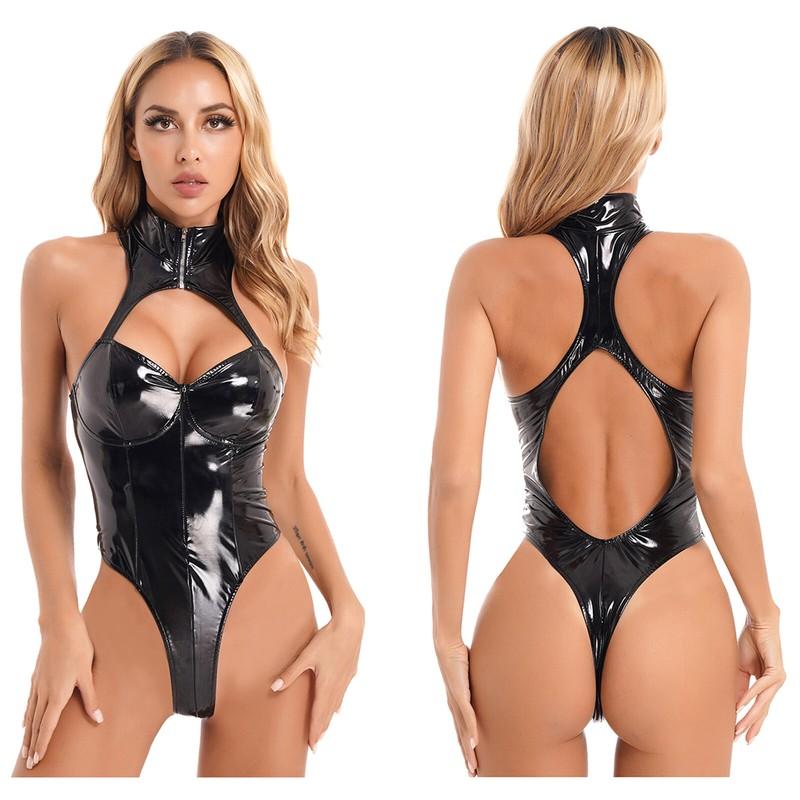 Women's Bodysuit Faux Leather Zipper Mock Neck Latex Catsuit High Cut Jumpsuit