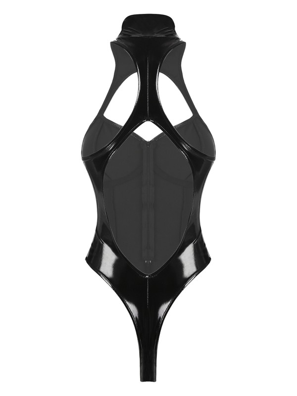 Women's Bodysuit Faux Leather Zipper Mock Neck Latex Catsuit High Cut Jumpsuit