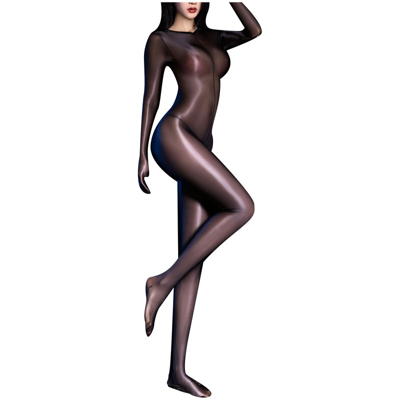 Women's Bodysuit Oil Shiny Glossy Lingerie See-Through Sheer Hollow Catsuit