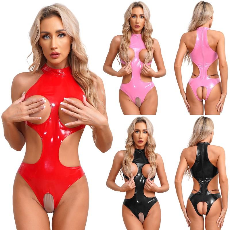 Women's Bodysuits One Piece Sleeveless Leather Leotard Back Zipper Jumpsuits