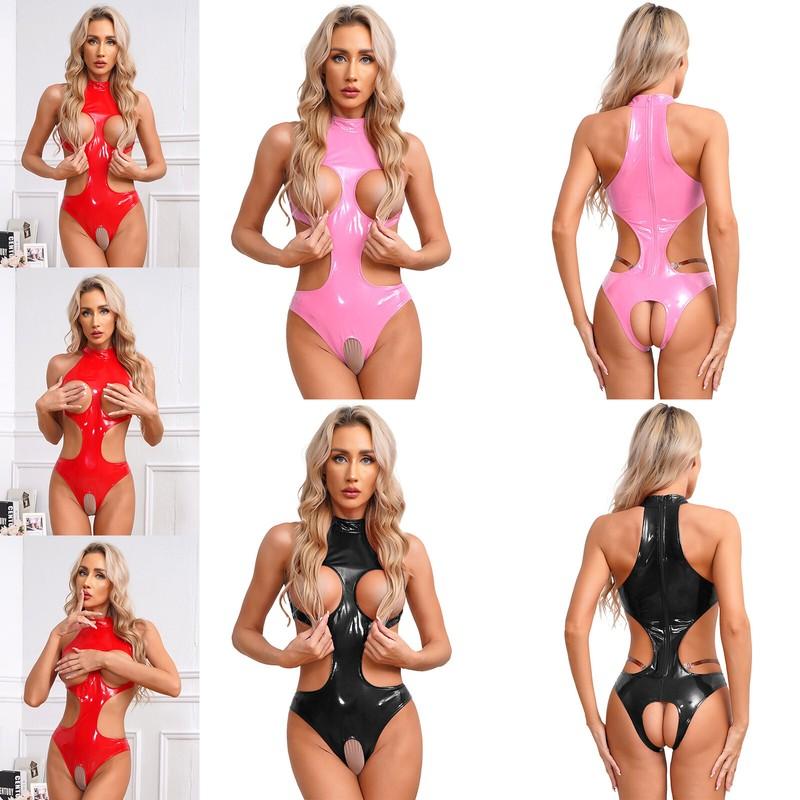 Women's Bodysuits One Piece Sleeveless Leather Leotard Back Zipper Jumpsuits
