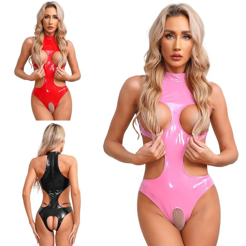Women's Bodysuits One Piece Sleeveless Leather Leotard Back Zipper Jumpsuits