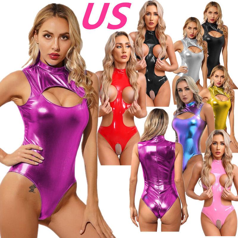 Women's Bodysuits One Piece Sleeveless Leather Leotard Back Zipper Jumpsuits