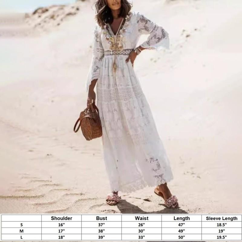 Women's Boho Maxi Lace V Neck Flare Sleeve Dress Summer Party Beach Sundress