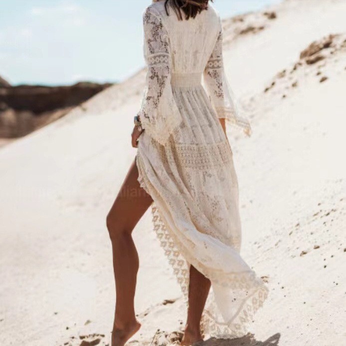 Women's Boho Maxi Lace V Neck Flare Sleeve Dress Summer Party Beach Sundress