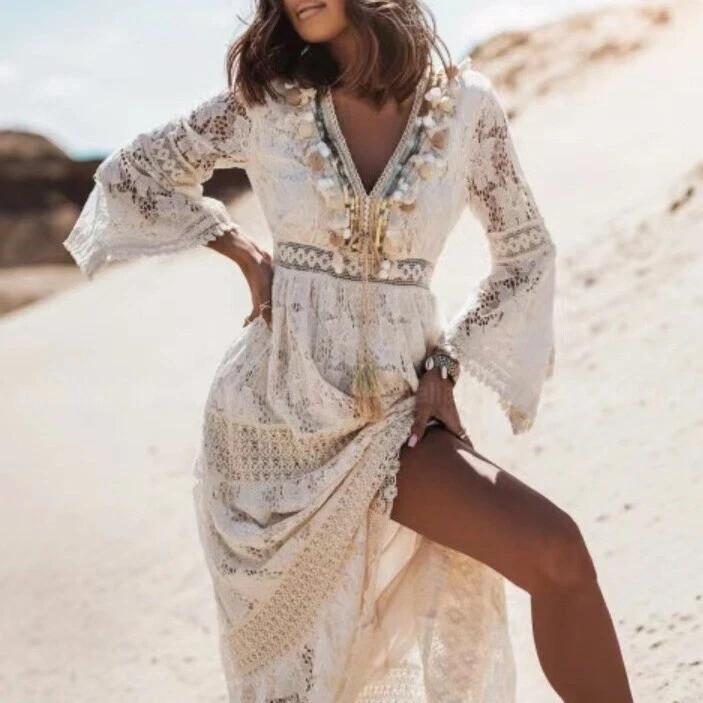Women's Boho Maxi Lace V Neck Flare Sleeve Dress Summer Party Beach Sundress