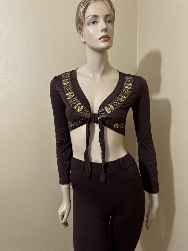 Women’s Brown Rayon Casual Stretch Slim Short Beaded Embroidered Size M/L Bolero