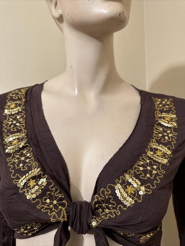 Women’s Brown Rayon Casual Stretch Slim Short Beaded Embroidered Size M/L Bolero