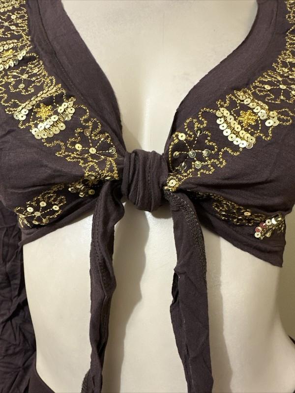 Women’s Brown Rayon Casual Stretch Slim Short Beaded Embroidered Size M/L Bolero