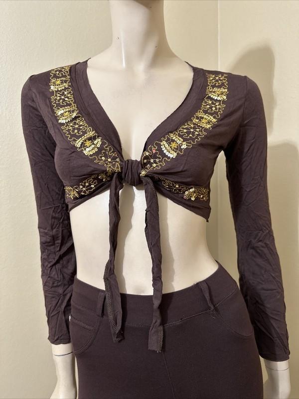 Women’s Brown Rayon Casual Stretch Slim Short Beaded Embroidered Size M/L Bolero