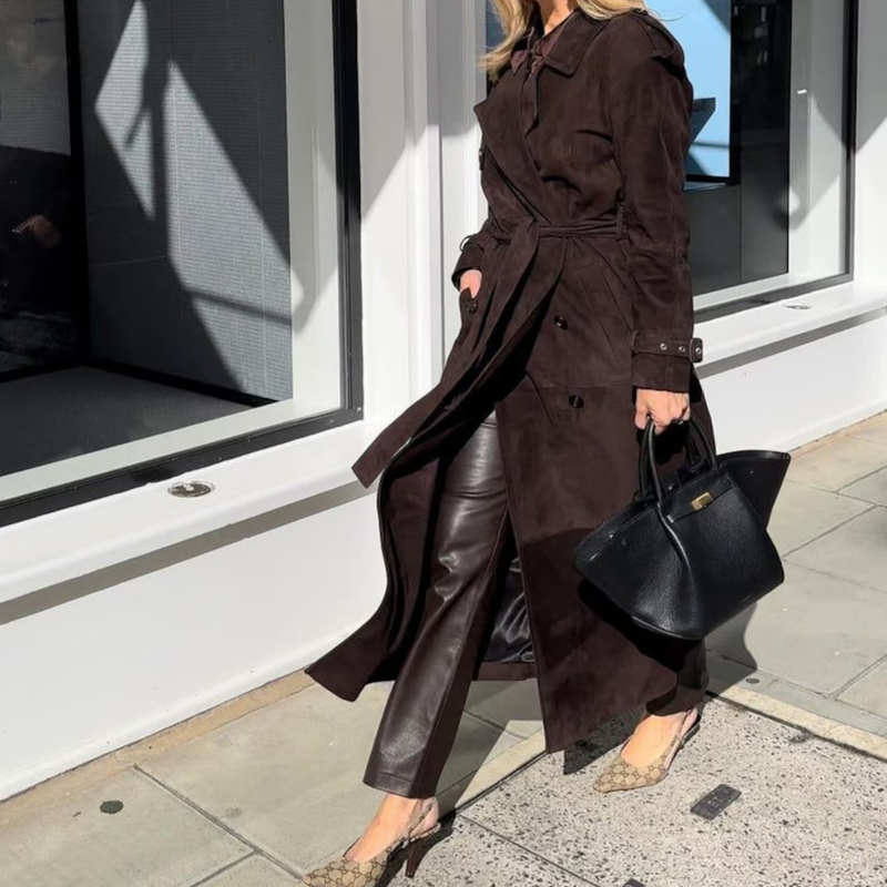 Women’s Brown Suede Leather Trench Coat Vintage Genuine Suede Outerwear