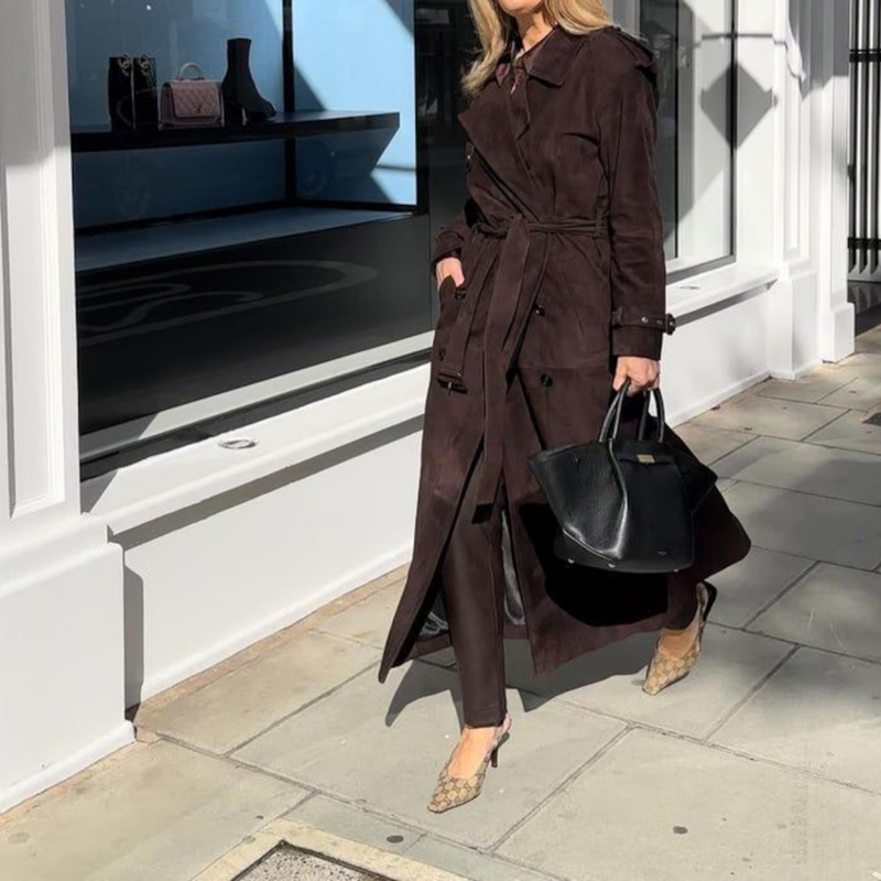 Women’s Brown Suede Leather Trench Coat Vintage Genuine Suede Outerwear