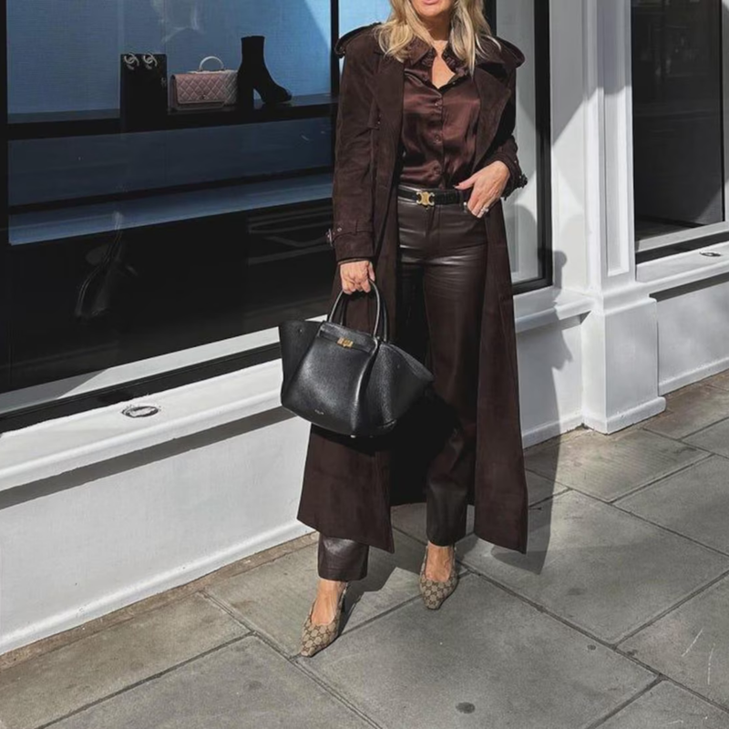 Women’s Brown Suede Leather Trench Coat Vintage Genuine Suede Outerwear