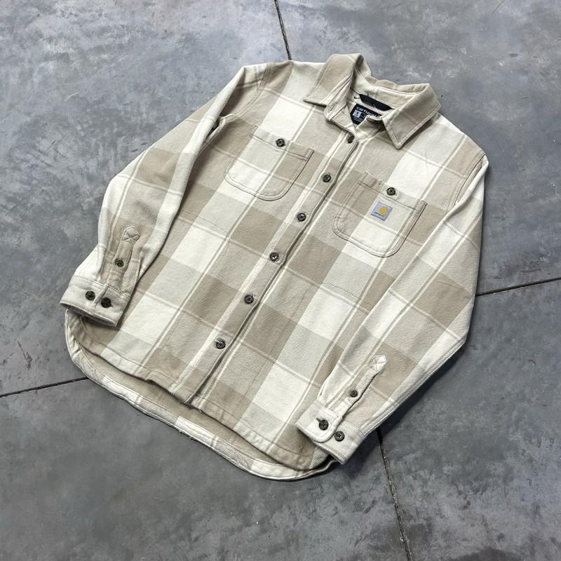 Women’s Carhartt Shirt Jacket Plaid Flannel Heavyweight Beige Small 106450